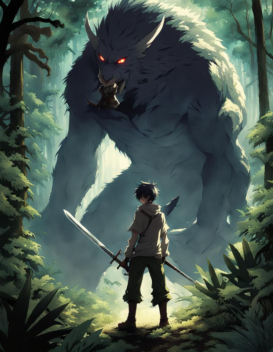 Hunter Confronts Giant Monster in Anime Style Jungle
