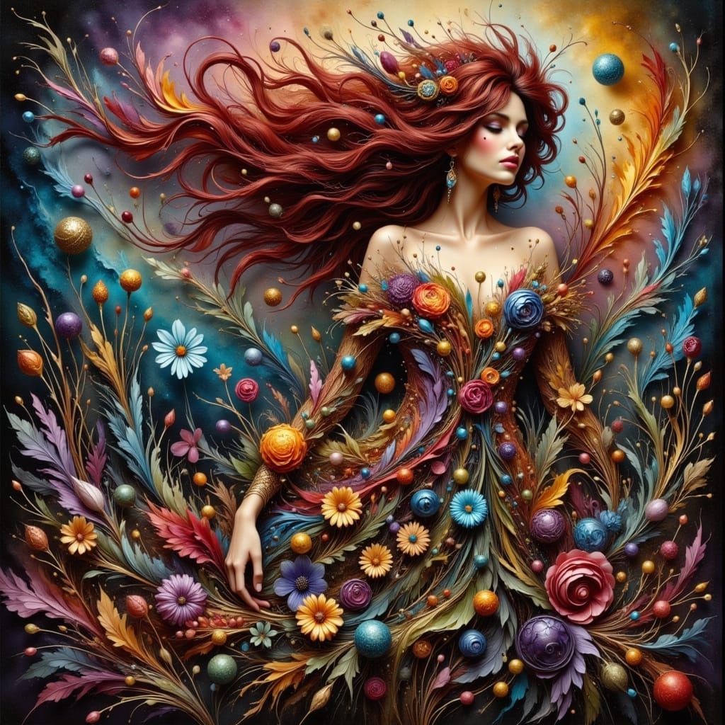 Surreal Woman in Wildflower Gown, Ethereal Meadow Portrait