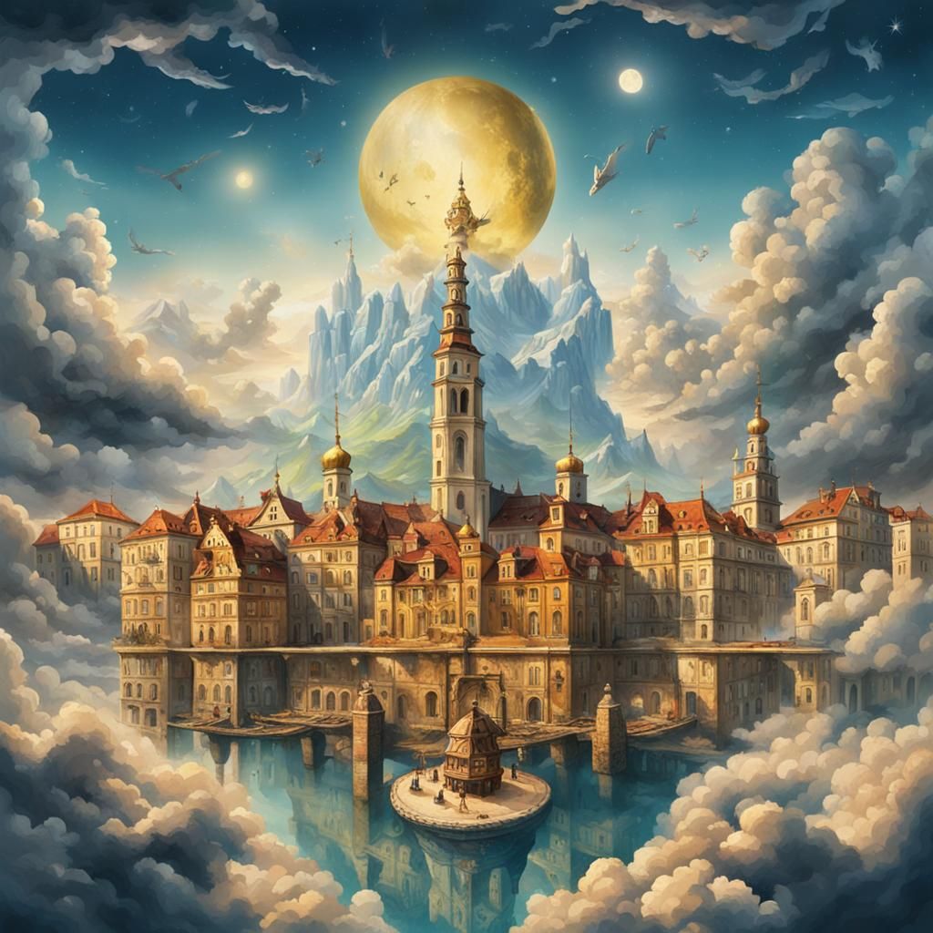 Golden City in Clouds Reflected in Emerald Sea