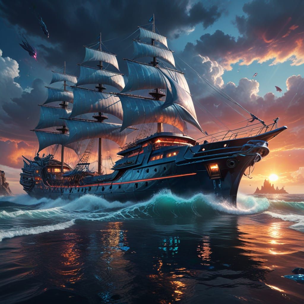 Stunning Futuristic Ocean Landscape with Chrome Sea and Sail...