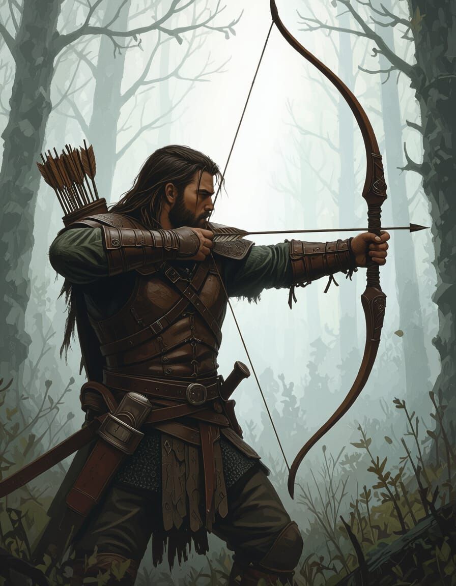 Medieval Archer in Misty Forest, Fantasy Art
