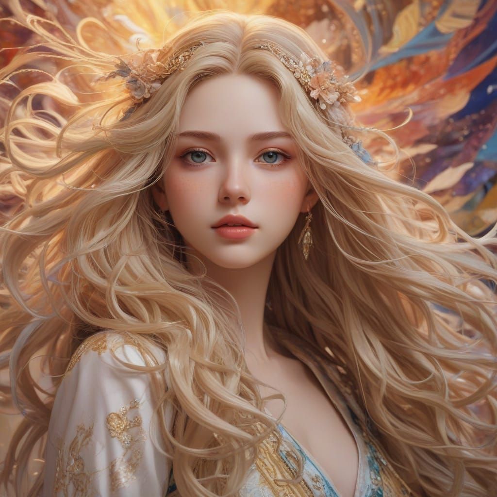 Anime Goddess with Vibrant Hair and Glowing Aura