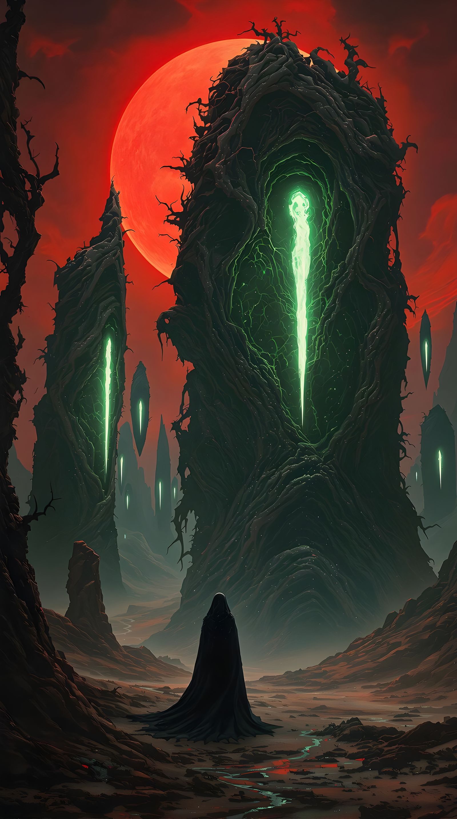 Ethereal Goddess in Surrealist Landscape with Twisted Monoli...