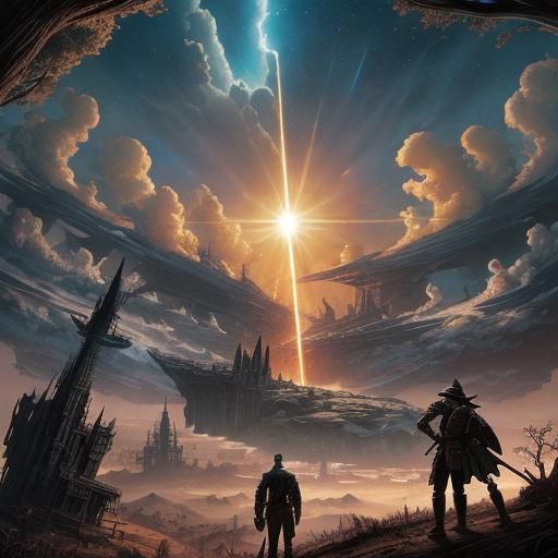 Fantasy Adventurers Watching Wasteland Sky in Comic Book Art