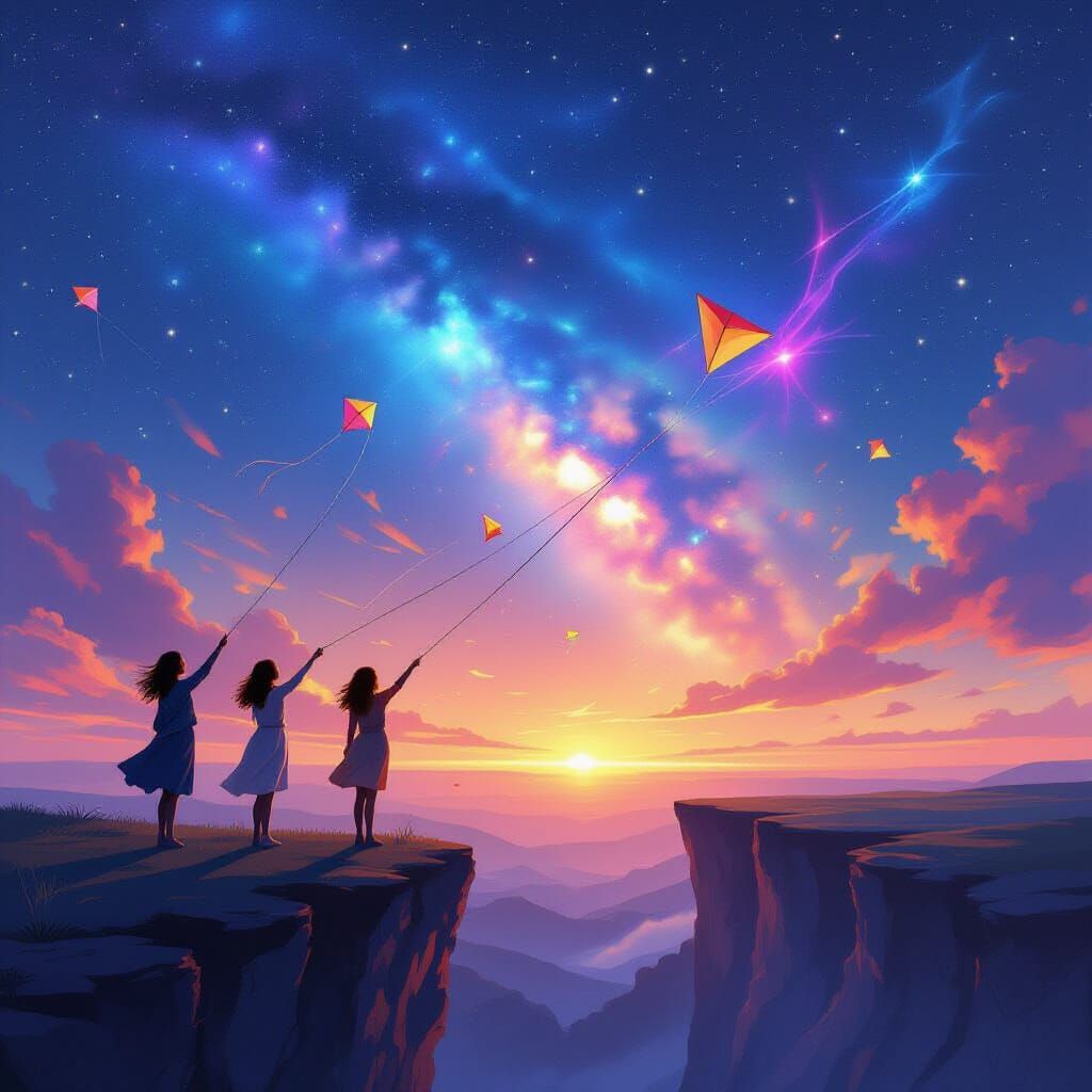 Women Fly Kites on Cliff Edge with Neon Universe