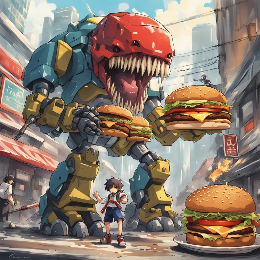 Dino Nugget Mech vs Burger Mech in Anime Style