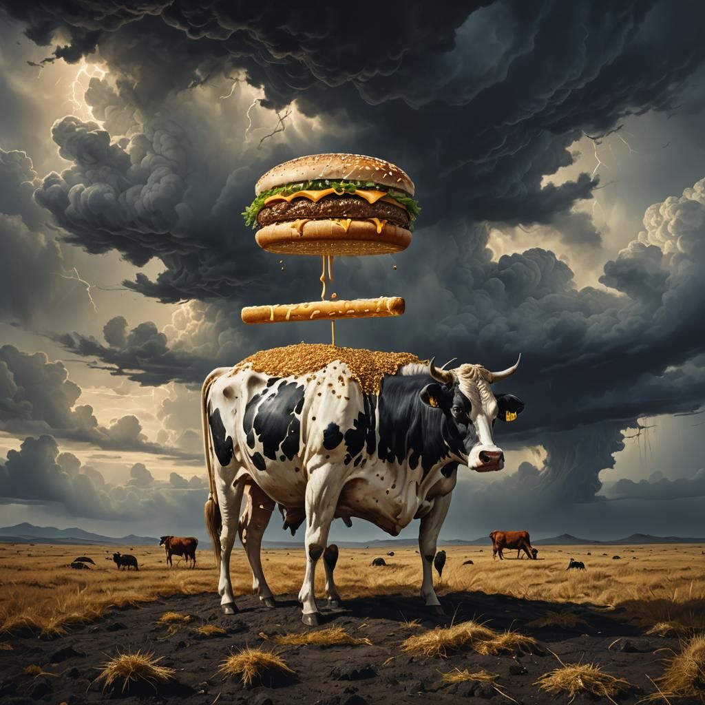 Surreal Big Mac Cow in Bleak Landscape