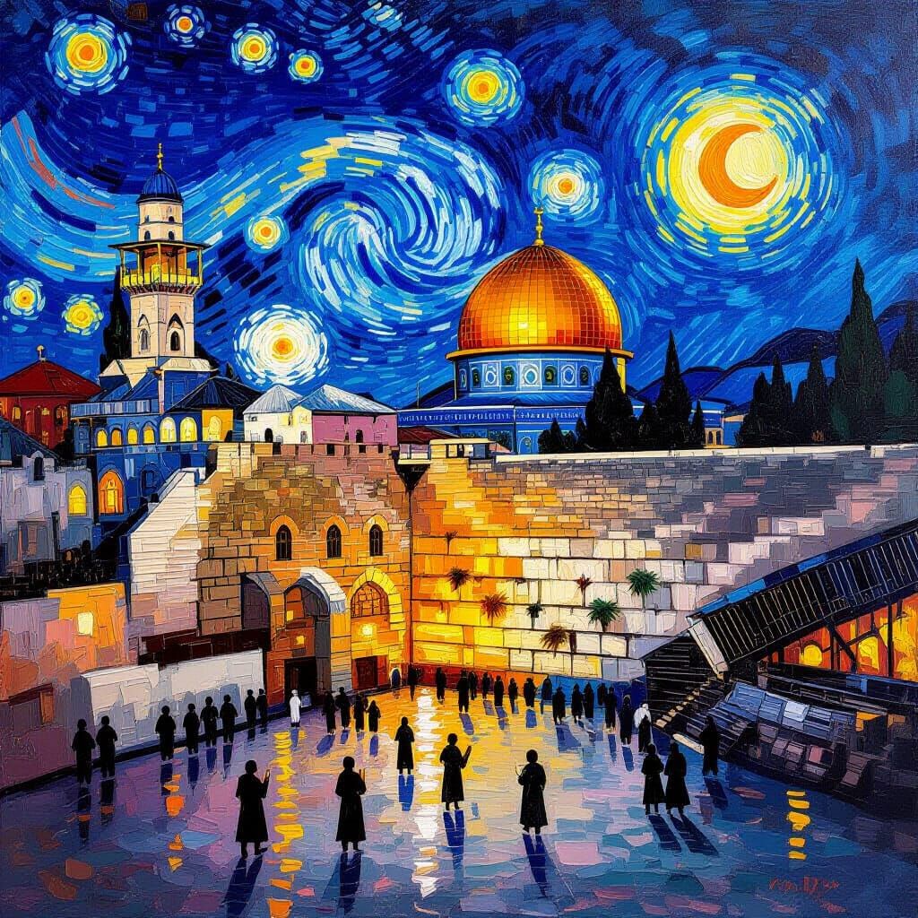Western Wall at Night in Van Gogh Style
