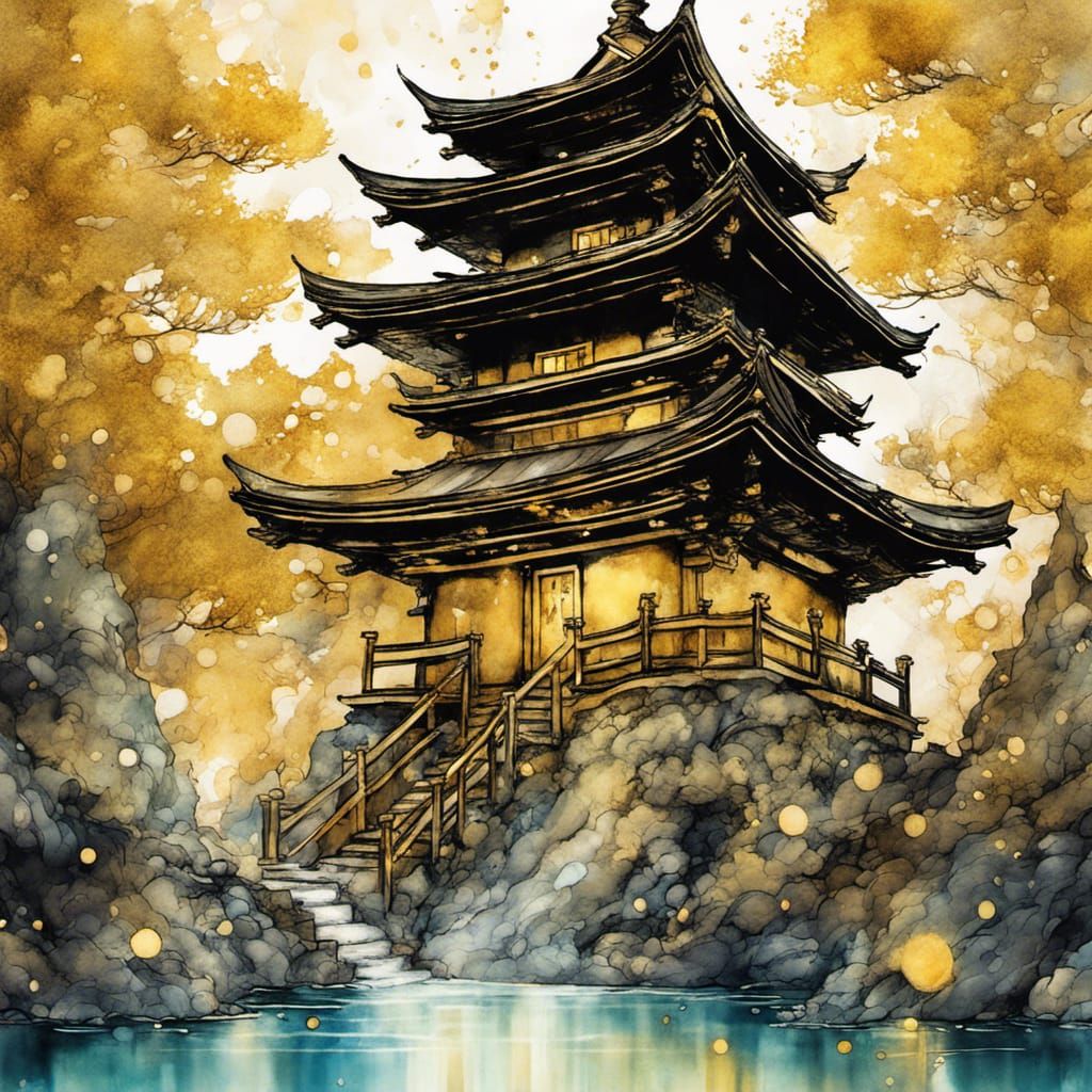 Japanese Temple: Alcohol Ink Splash Art Illustration