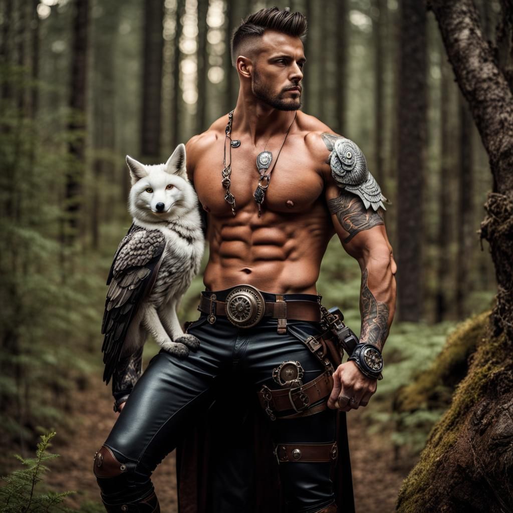 Steampunk Warrior with Owl and Fox in Forest