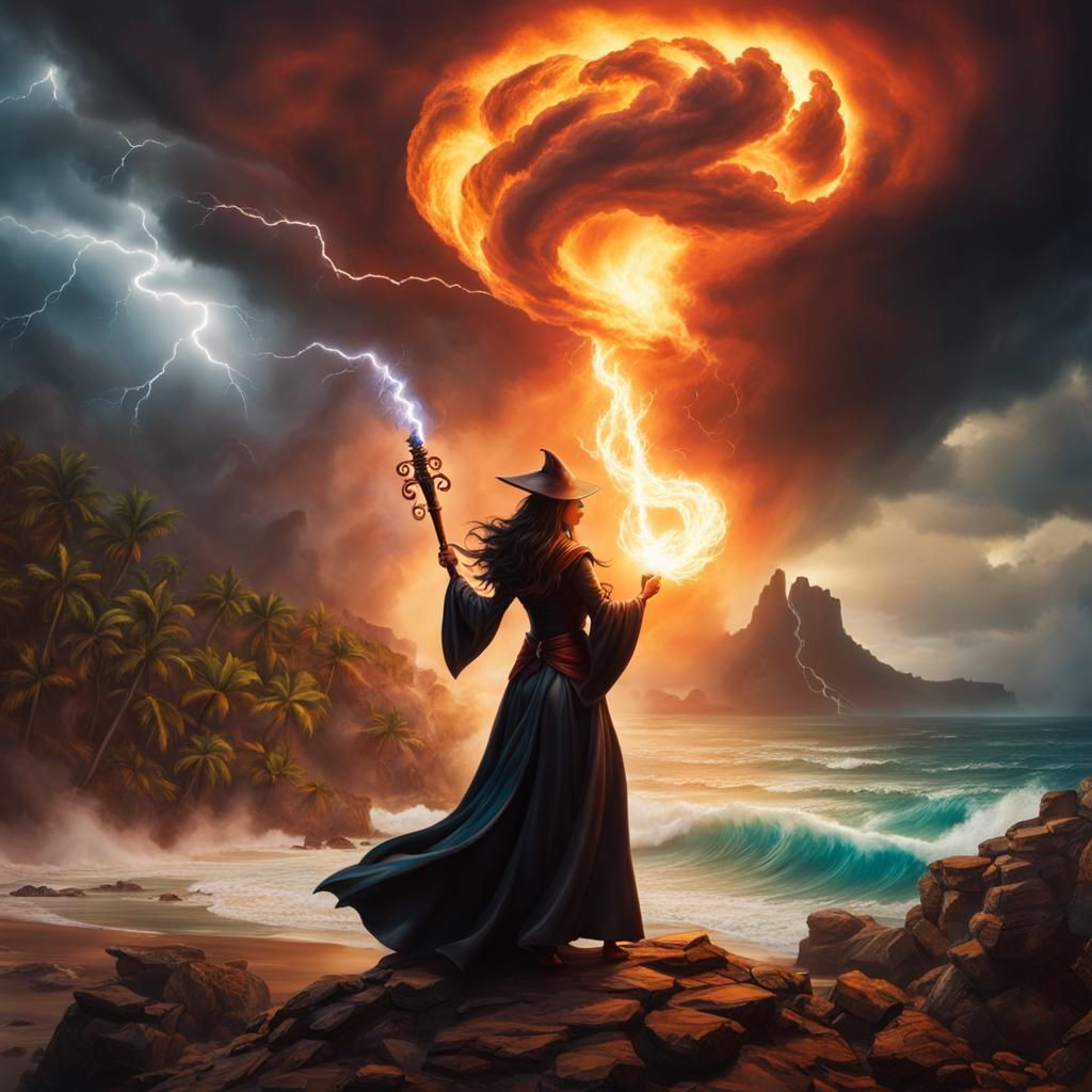 Sorceress Summons Elemental Storm on Tropical Beach