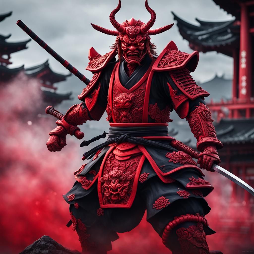 Hyperrealistic Red Oni Samurai Warrior
