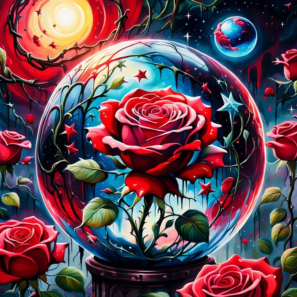 Red Rose in Magical Orb: Surreal Graffiti Art