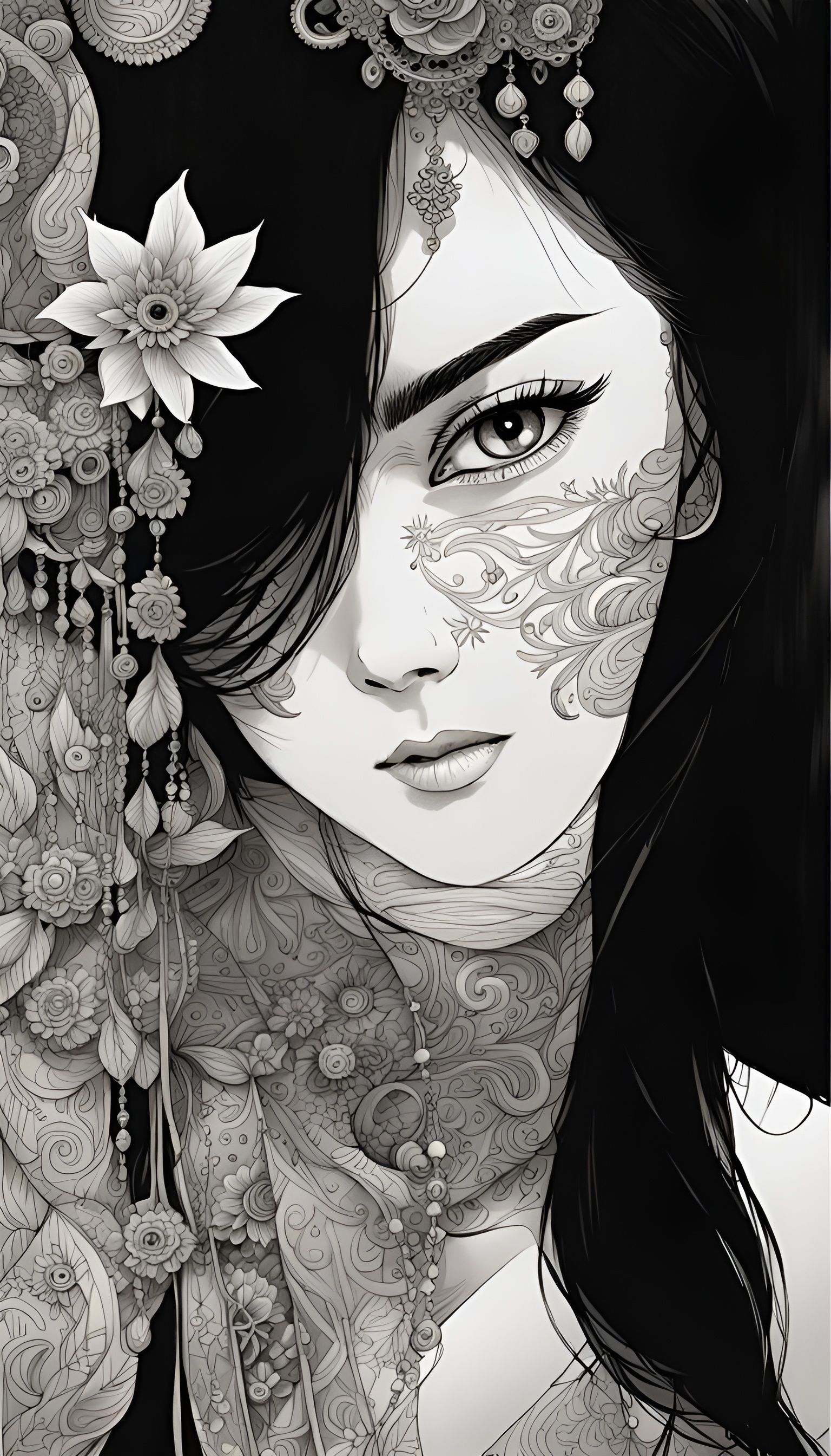 Asian Woman, Black and White Line Art