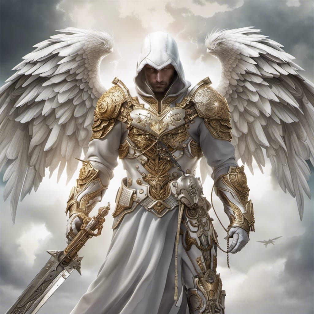 Incredibly white, blinding white, angel, man with white hood, with amazing wings, gold armor, angelic, wholesome, realit...