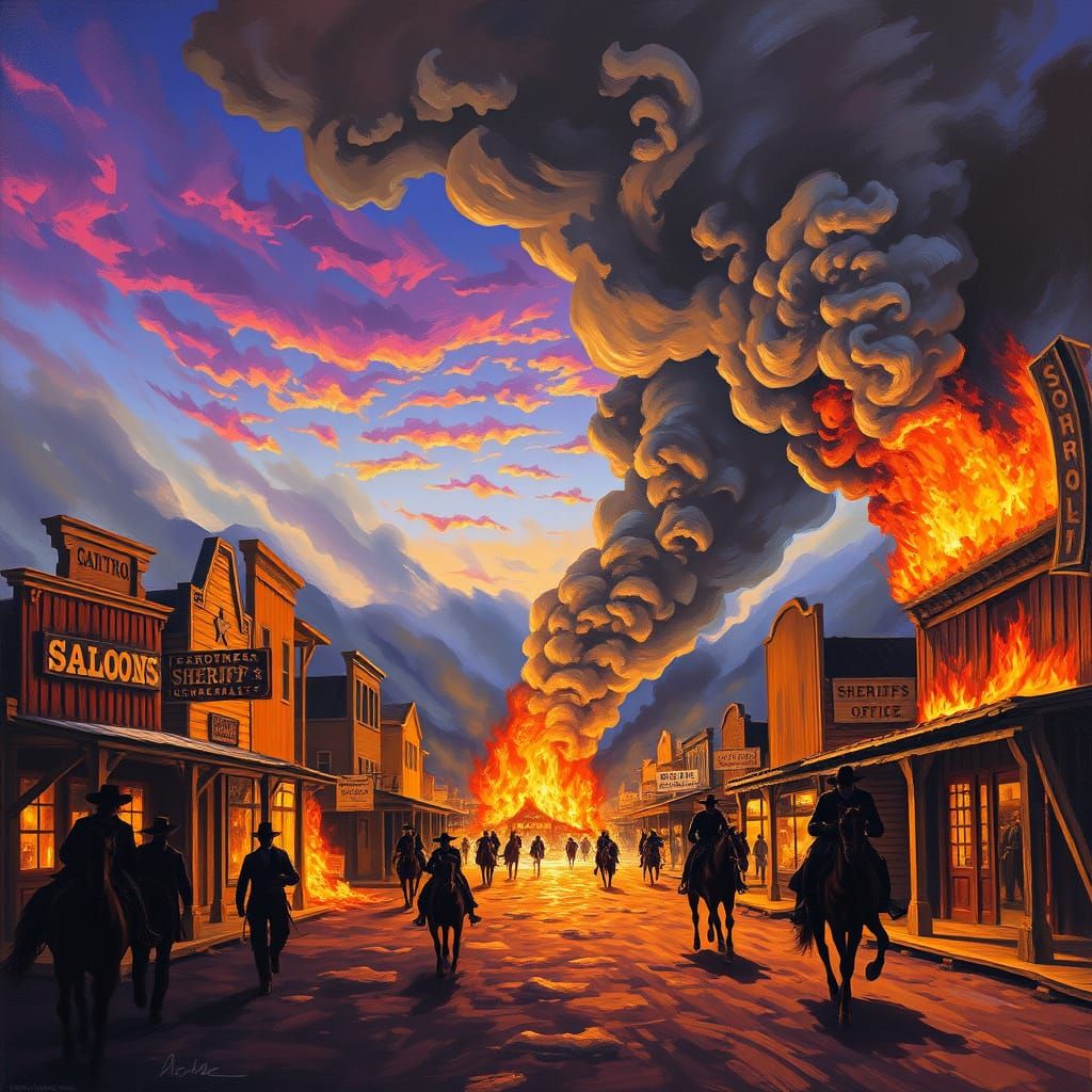 Western Town Ablaze in Vibrant Oil Painting