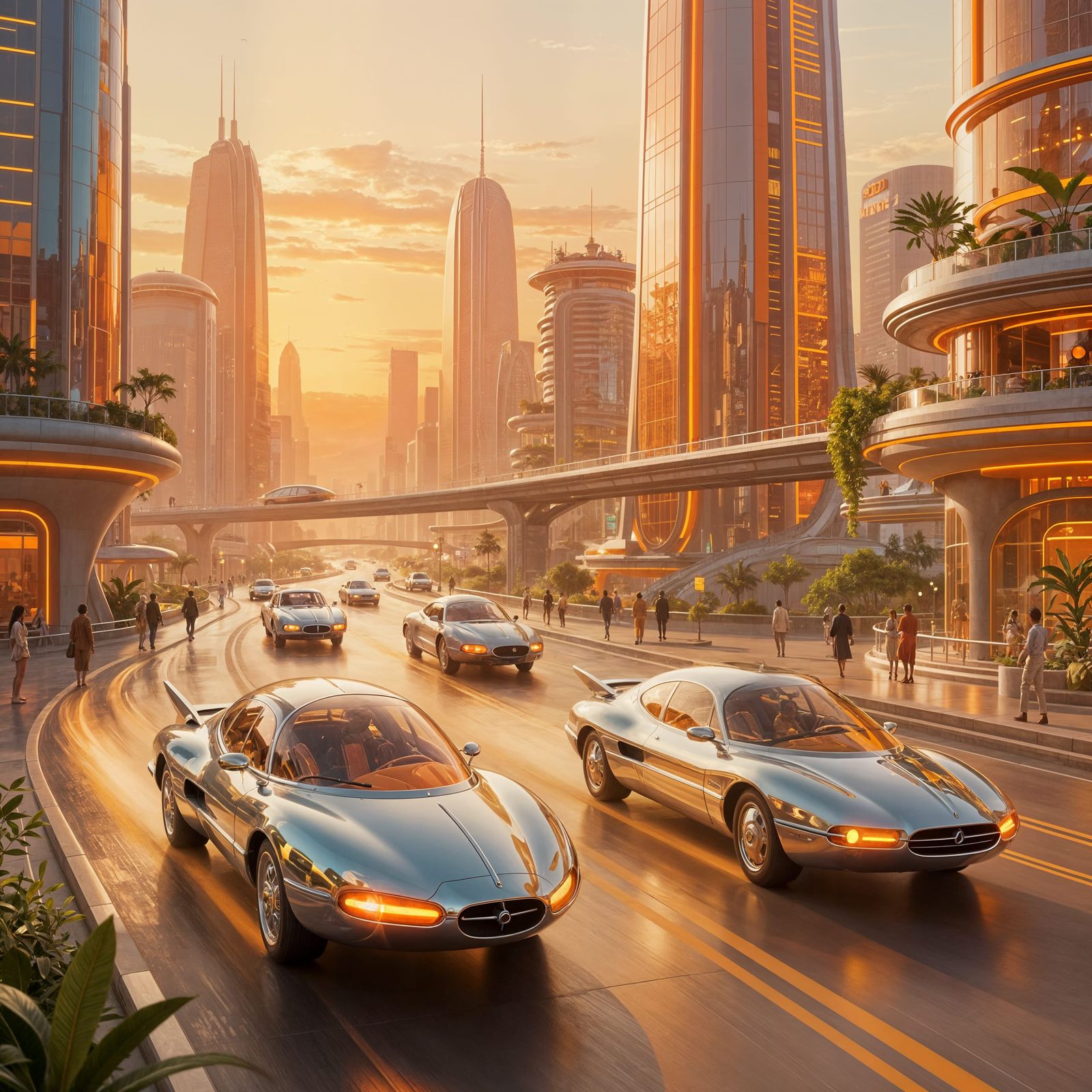 Utopian Retro-Futuristic Cityscape at Golden Hour