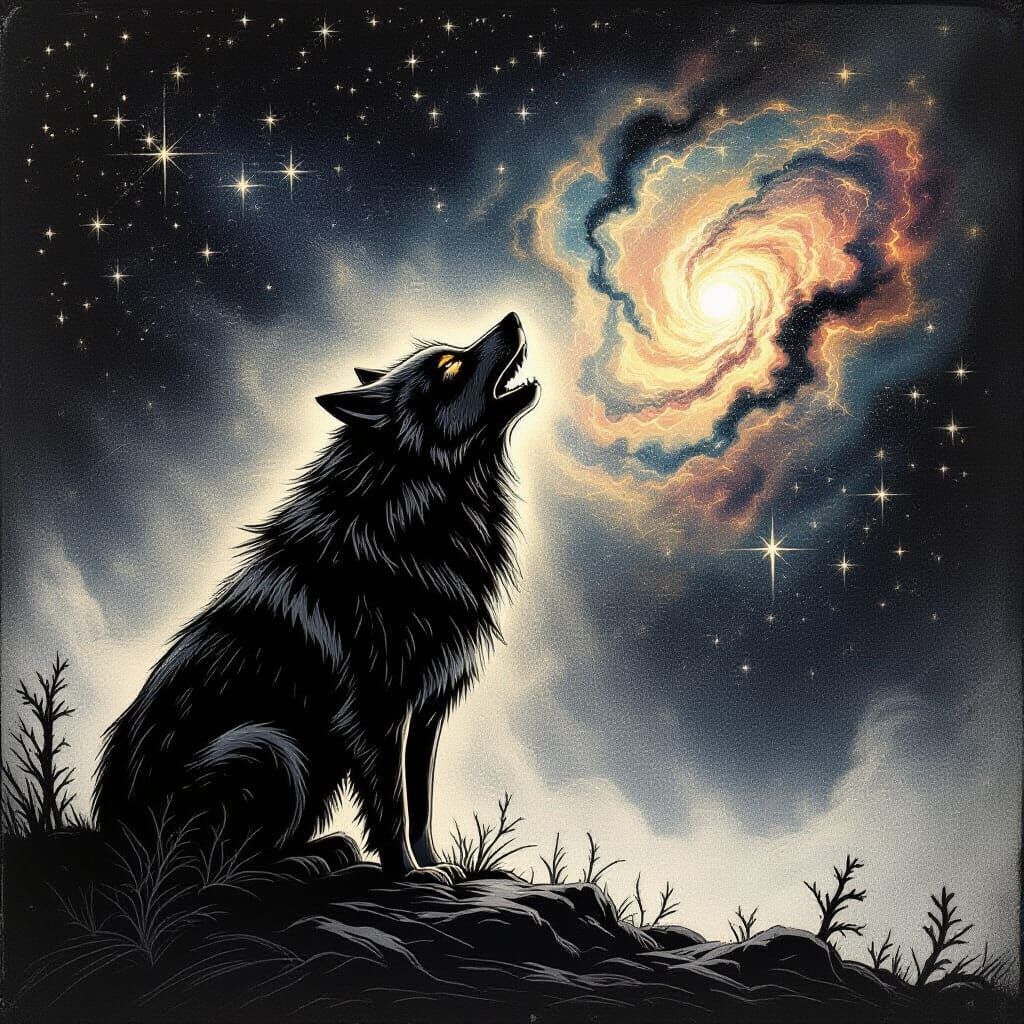 Lone Wolf Howling at Nebula in Etching Style