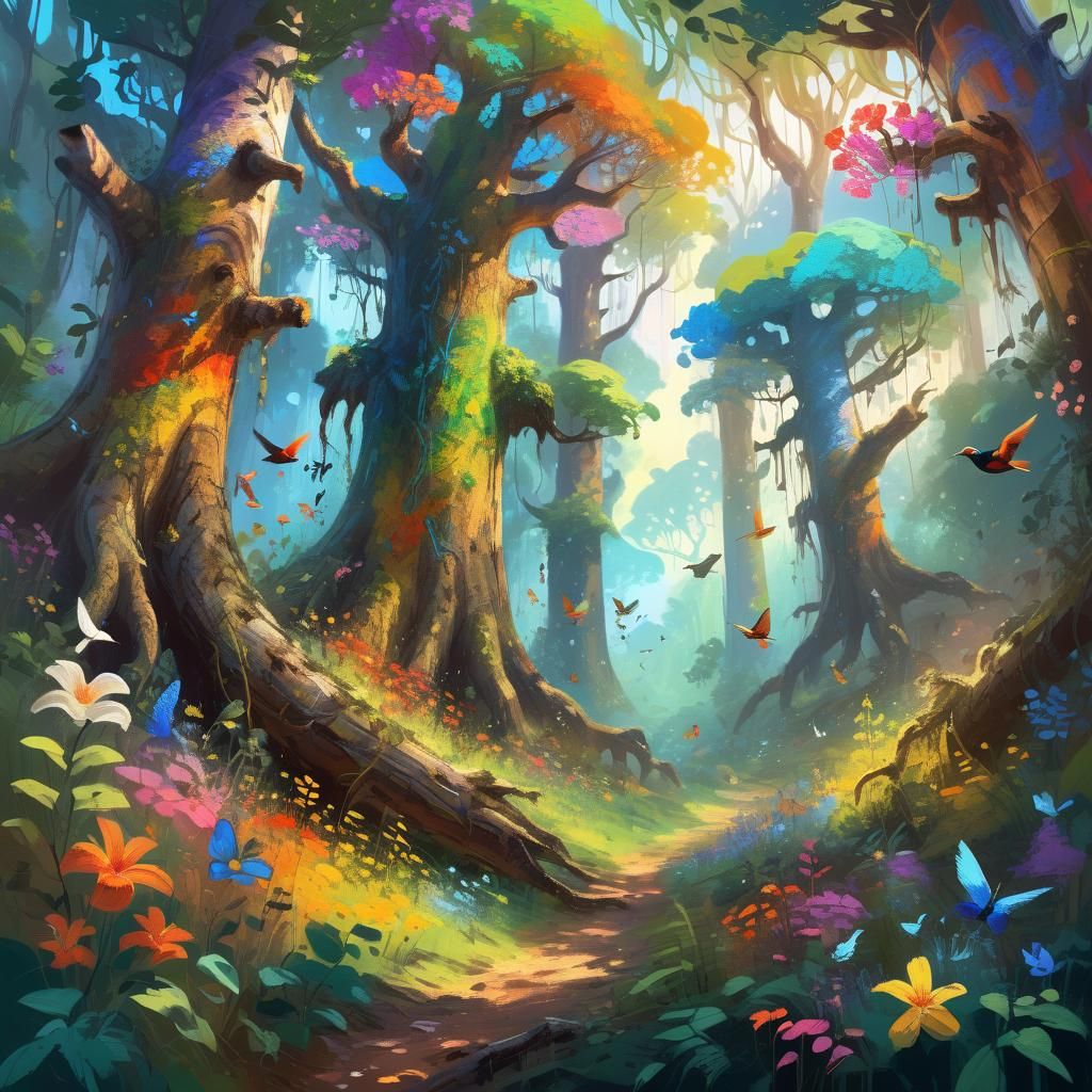 Neo-Impressionist Blooming Forest Ecosystem