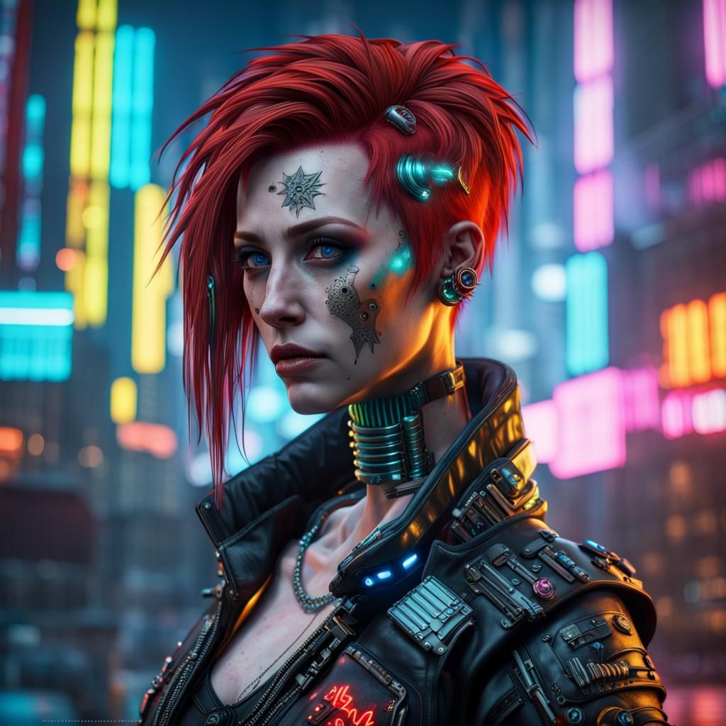 Cyberpunk Female Portrait in Neon Cityscape