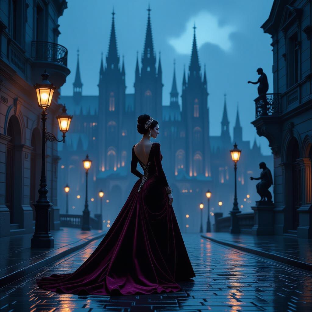Gothic City Woman in Velvet Gown at Midnight