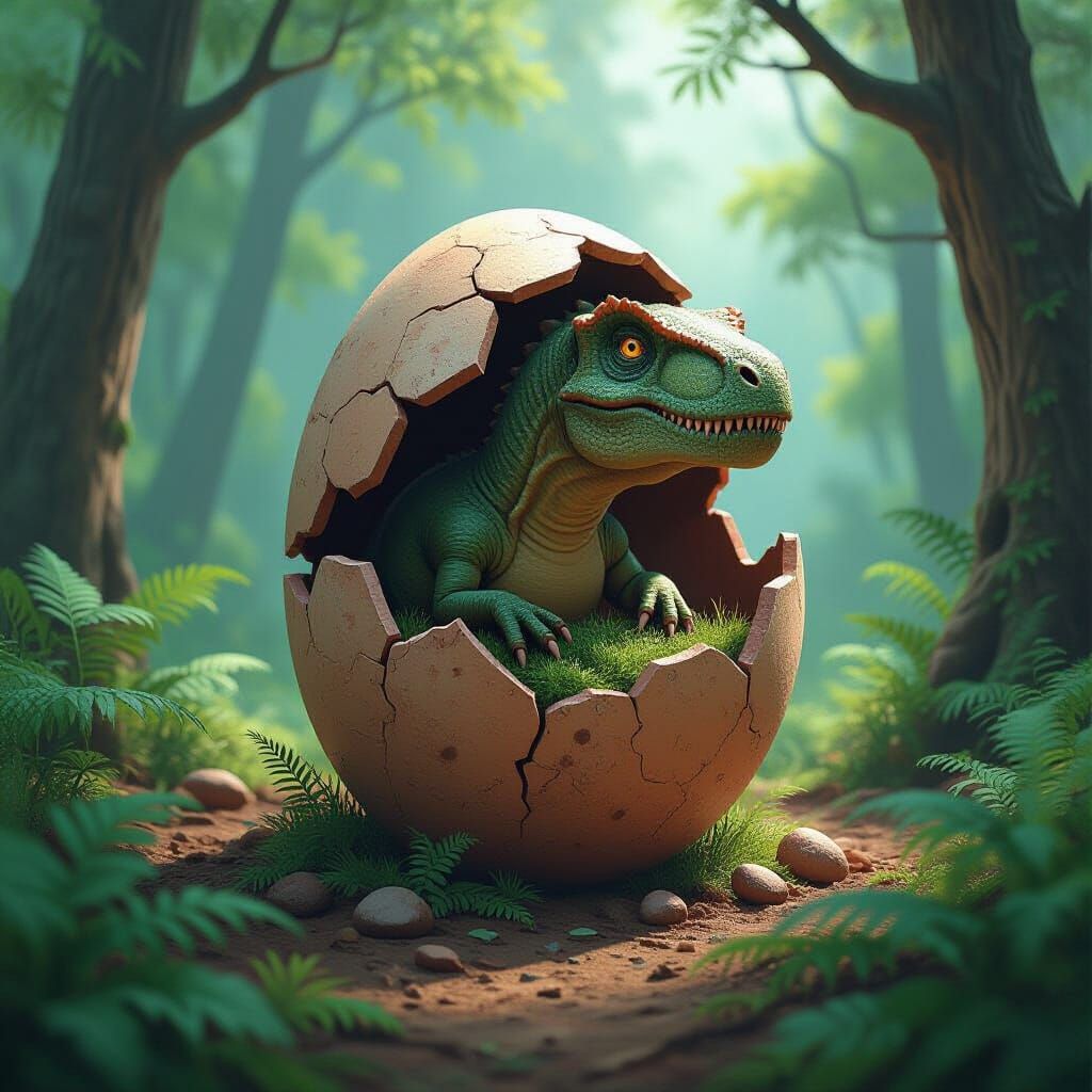 Dinosaur Emerges in Prehistoric Forest, Digital Painting