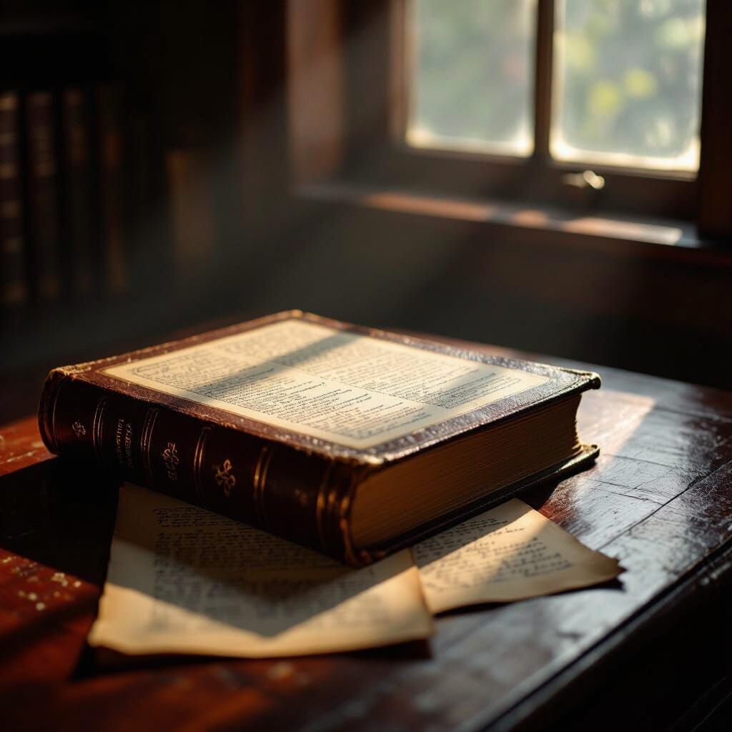 Vintage Dictionary on Desk Illuminated by Light