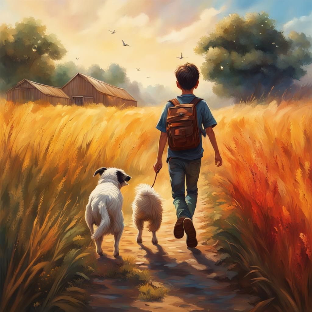 Boy and Dog in Field: Hyperrealistic Splash Art