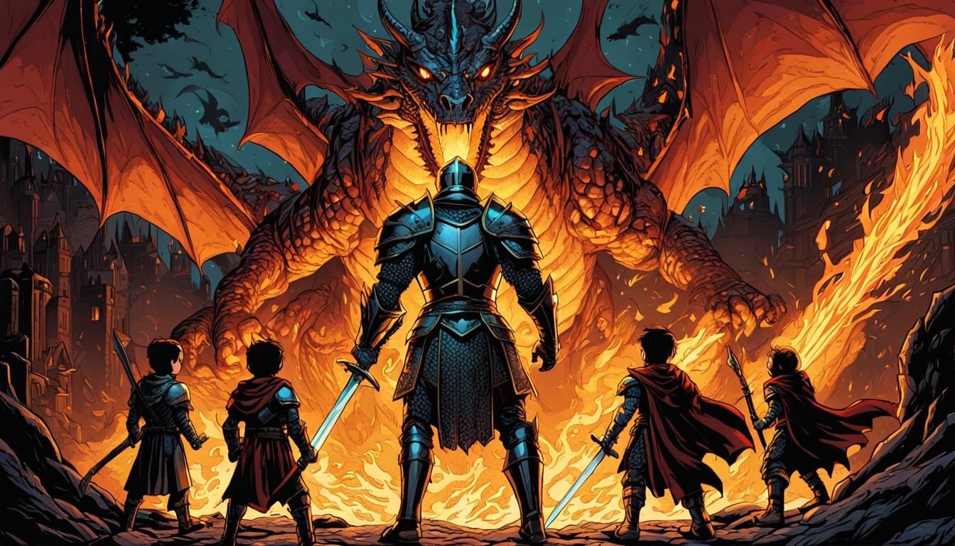 Knight Dad Defends Children From Dragon, Comic Book Art
