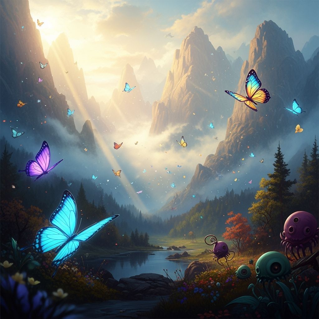 Fantasy Landscape with Butterflies and Creatures in Golden H...