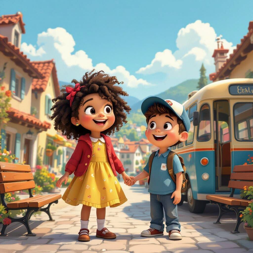 Pixar-Style Girl and Friend in Village Bus