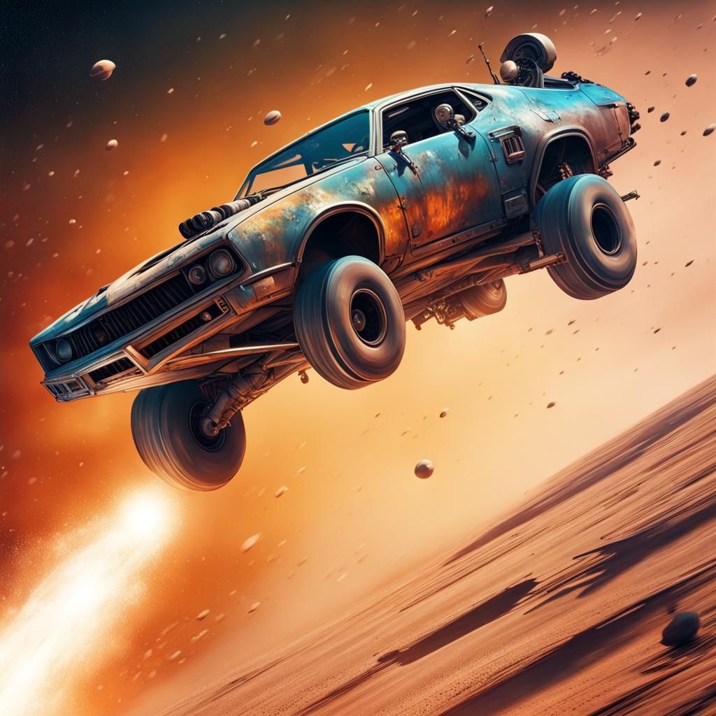 Mad Max Car Flying in Space: Hyperrealistic Concept Art