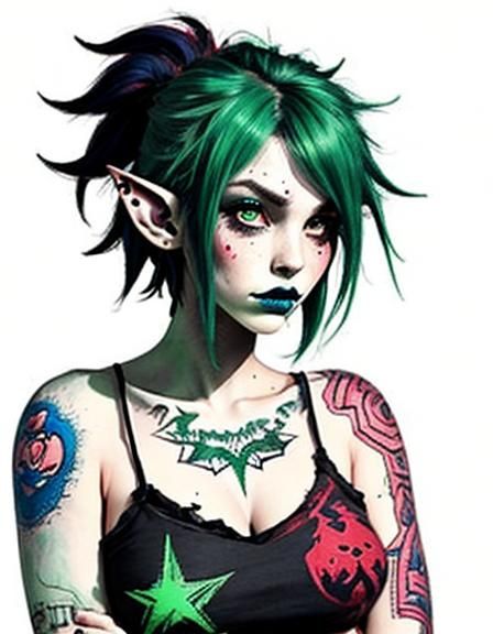 Expressive Punk Elf Girl in Detailed Line Art