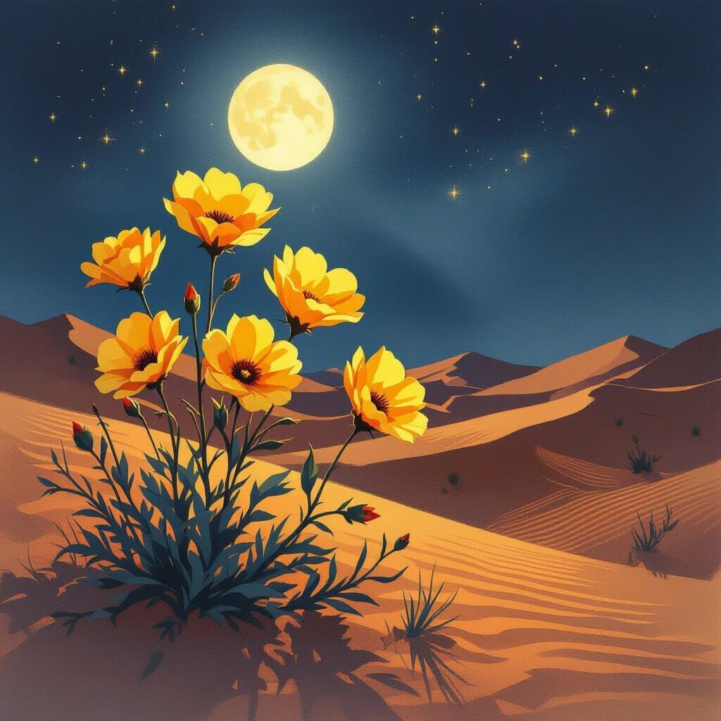 Vibrant Flowers in Dark Desert, Watercolor Style