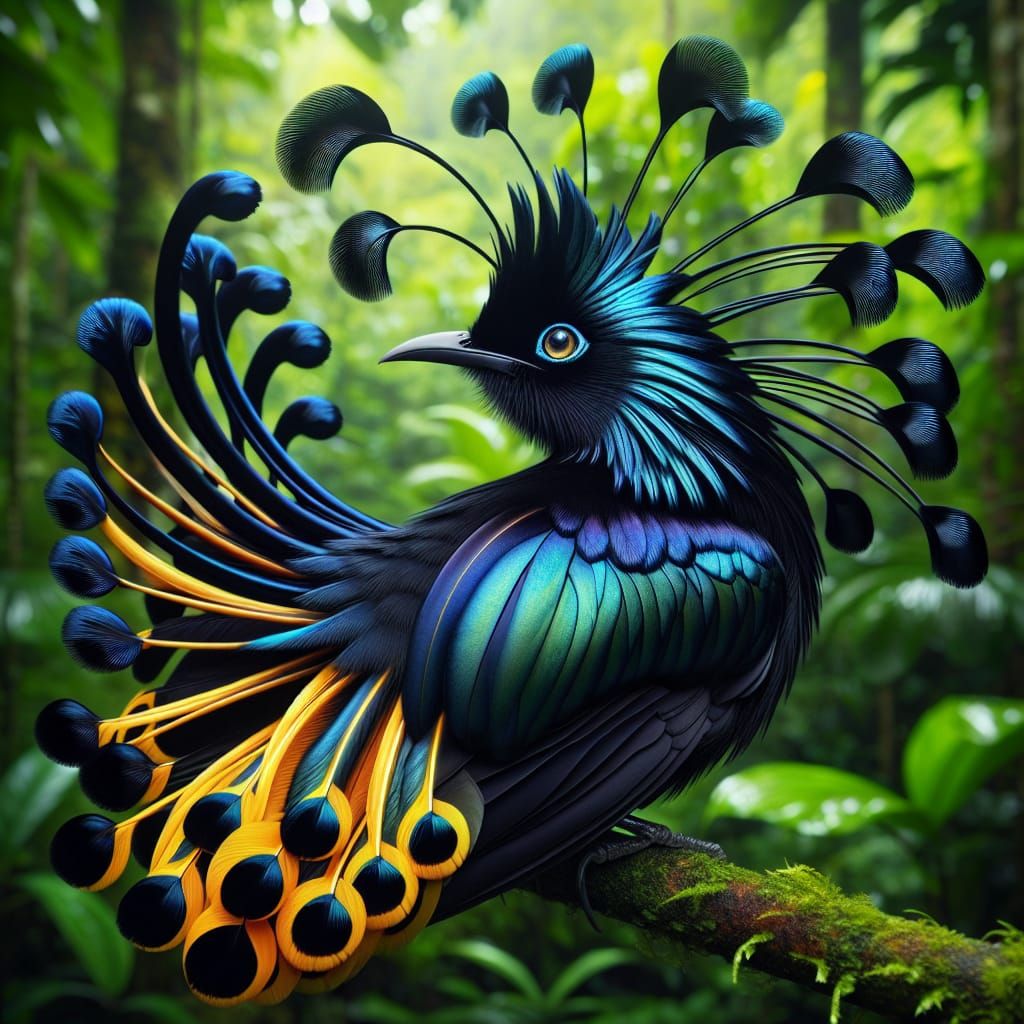 Exotic Twelve-wired Bird-of-Paradise in Lush Rainforest Habi...