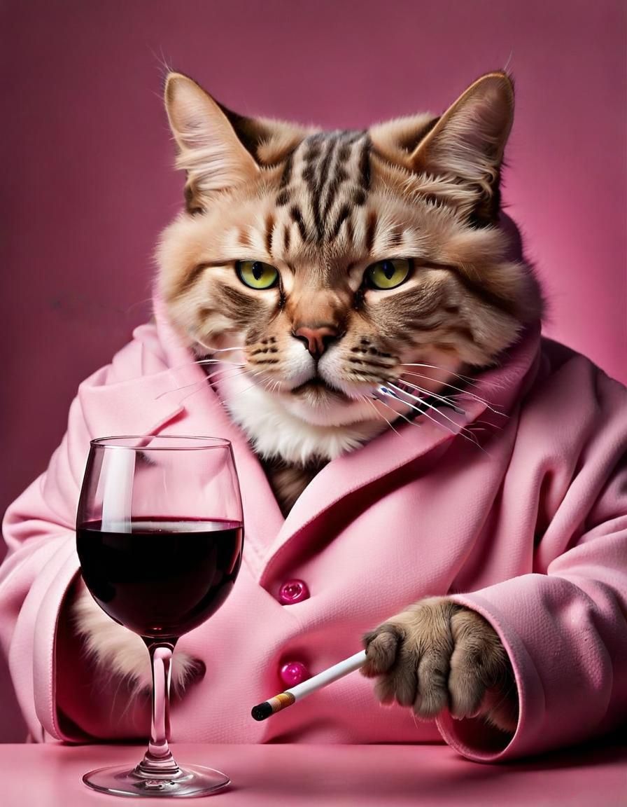 Anthropomorphic Cat in Housecoat Enjoys Wine