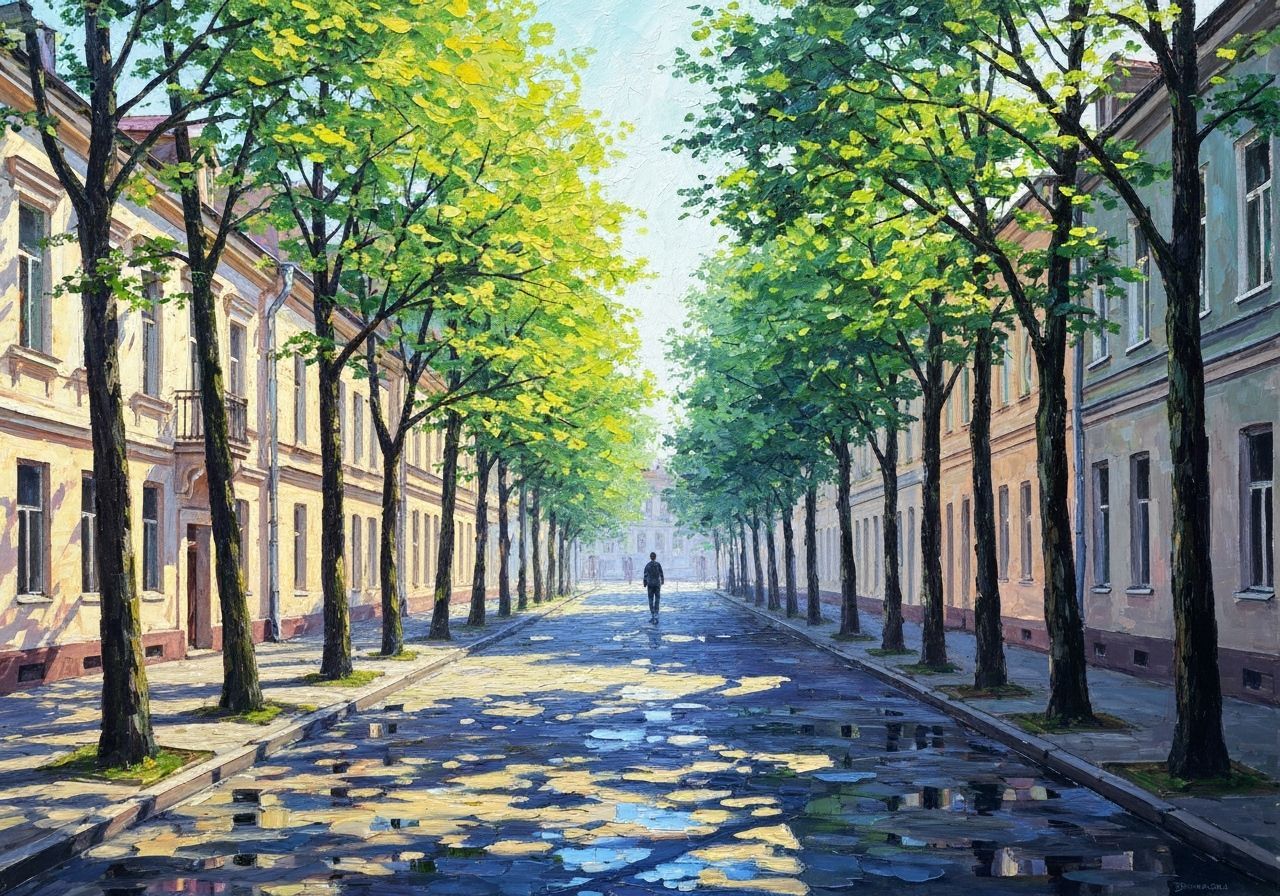 Impressionist Oil Painting of a Serene Spring Street