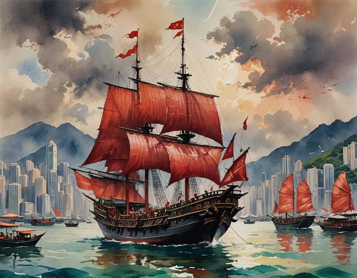 Hong Kong Harbor: Chinese Junk in Gouache Watercolor