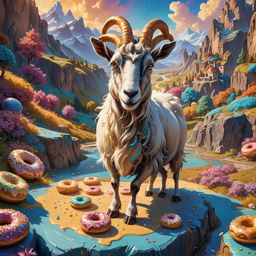 Goat with Donut in Dreamlike Landscape