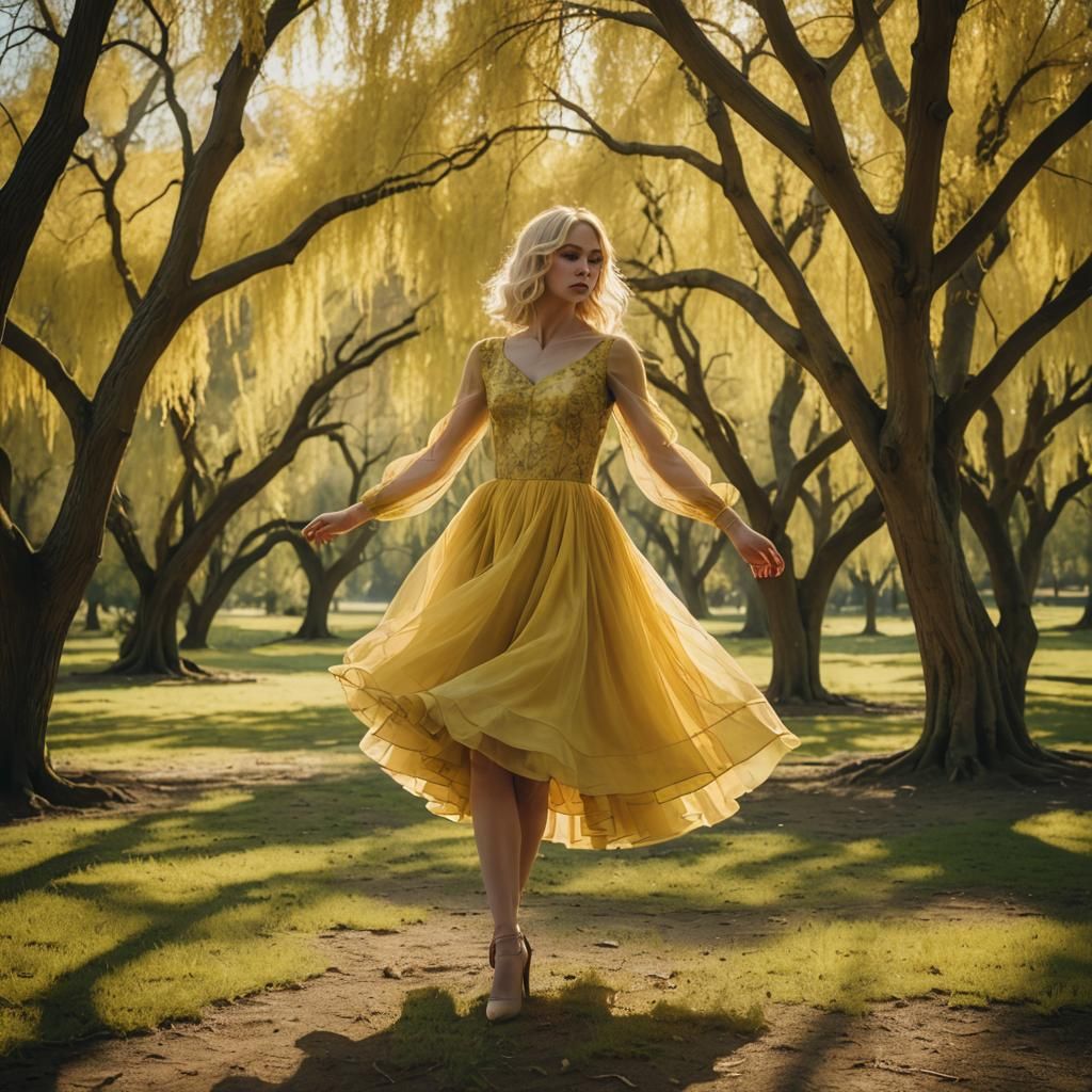 Crossdresser Dances in Willow Trees: Cinematic Film Still