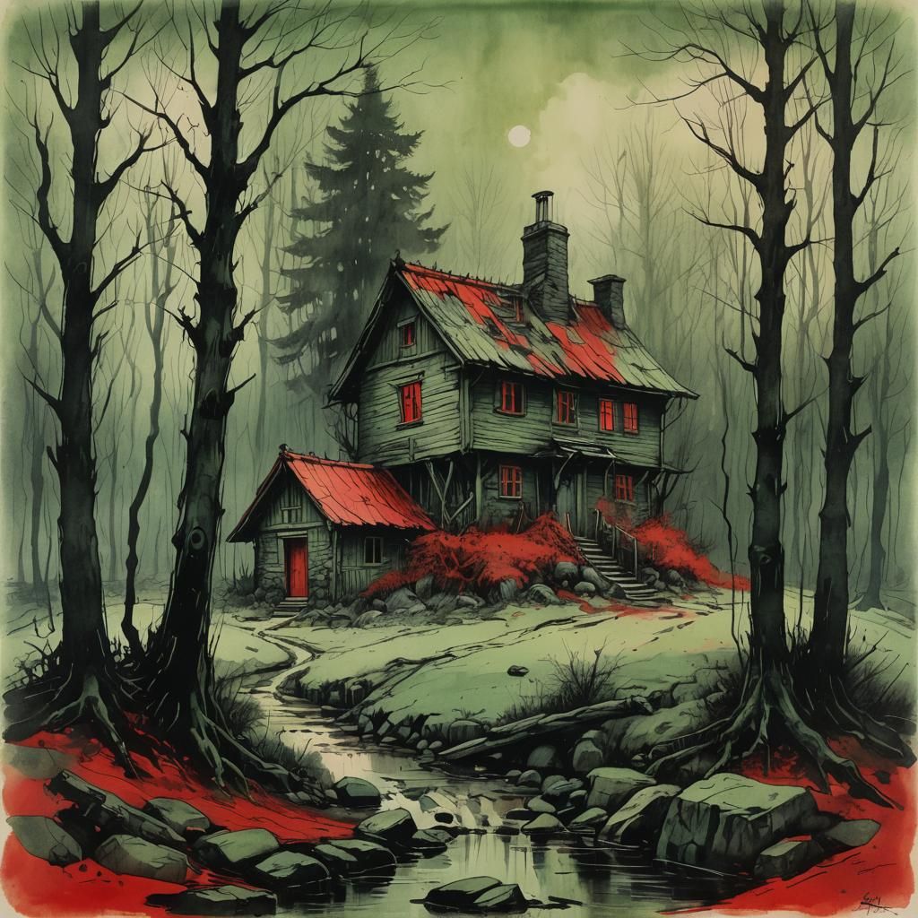 Eerie Cottage in Woods: Ink Wash Illustration