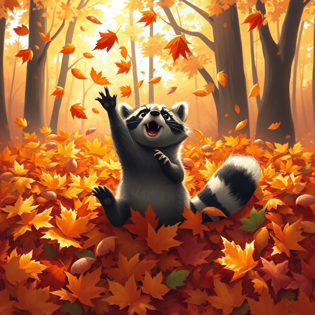Playful Raccoon Tosses Autumn Leaves Skyward