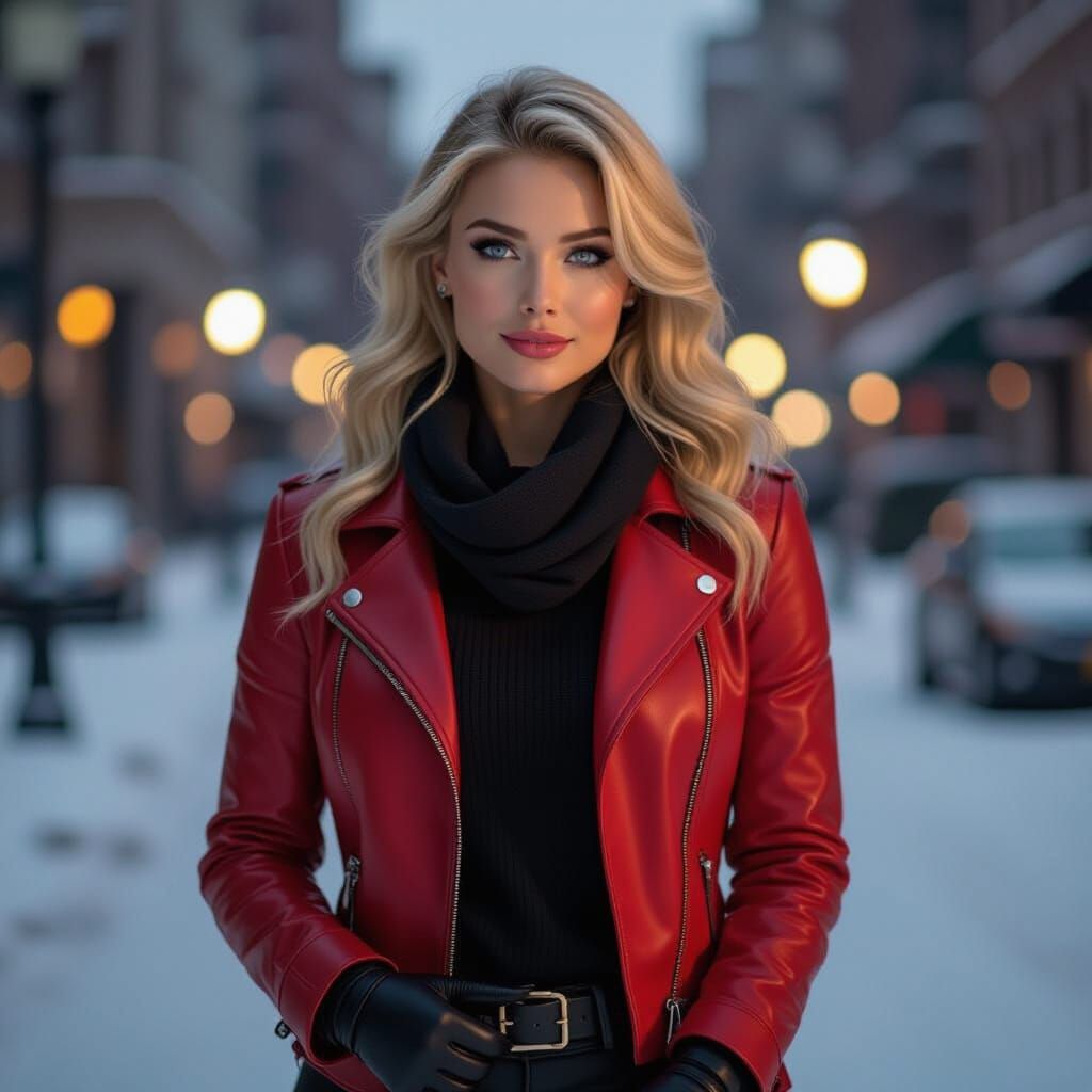 Kara Zor-El: Blonde Woman in Red Leather Jacket