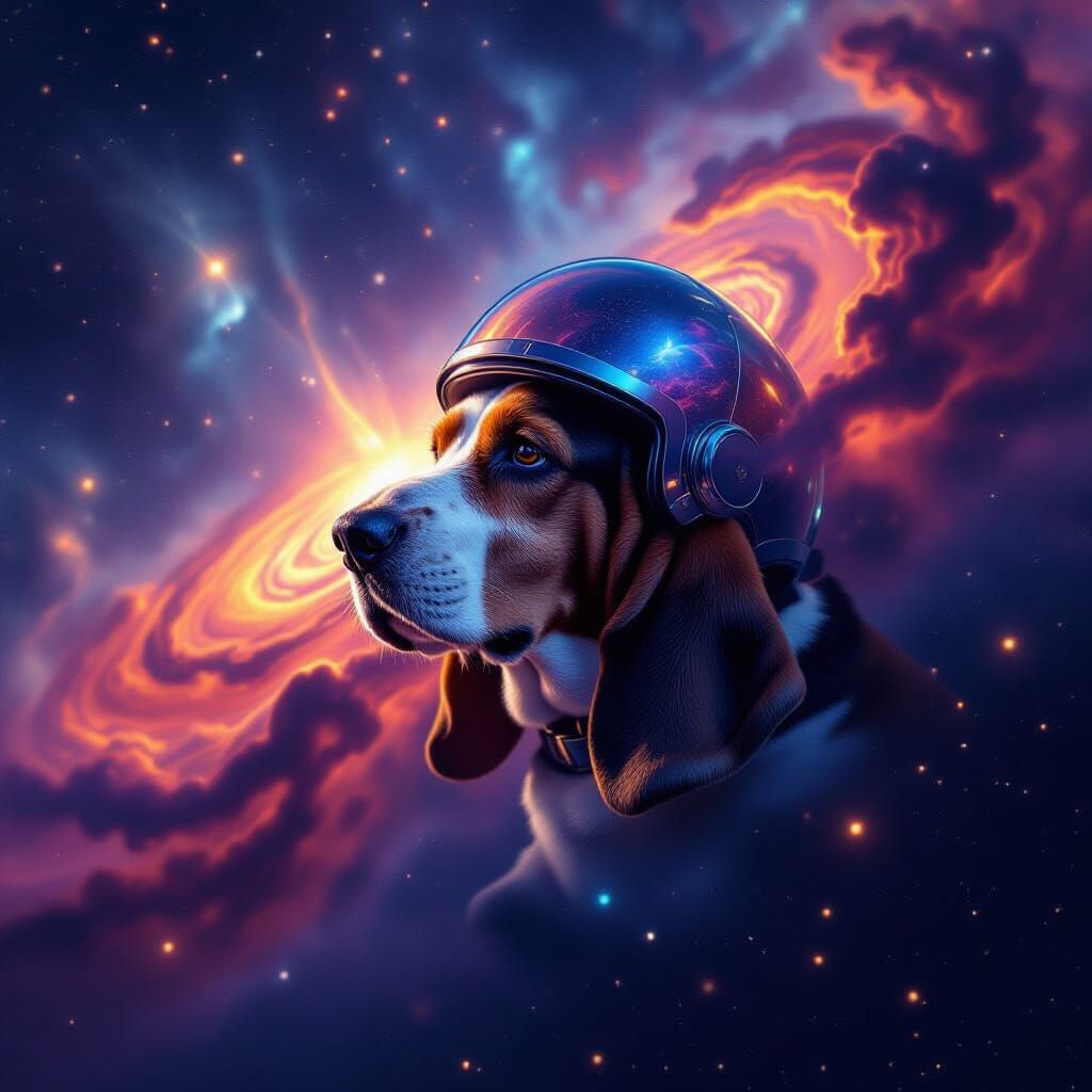 Basset Hound Adrift in Cosmic Nebula