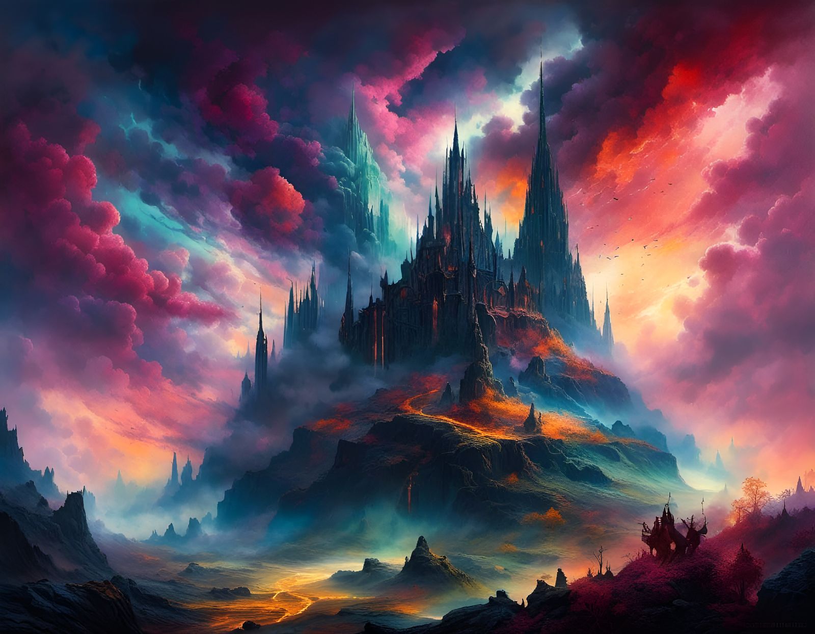 Ethereal Cathedrals in Misty Dreamscape with Sparkles