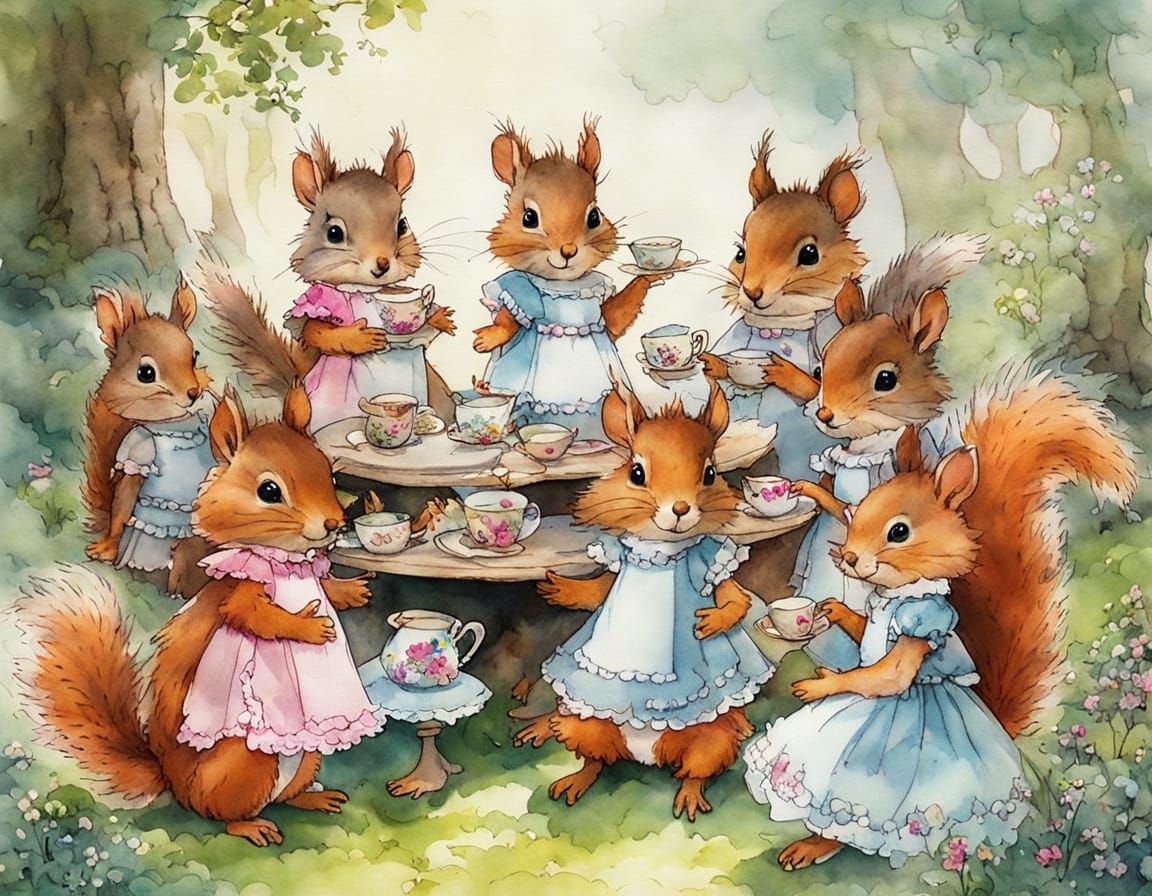 Squirrels' Fantasy Tea Party in Storybook Illustration Style