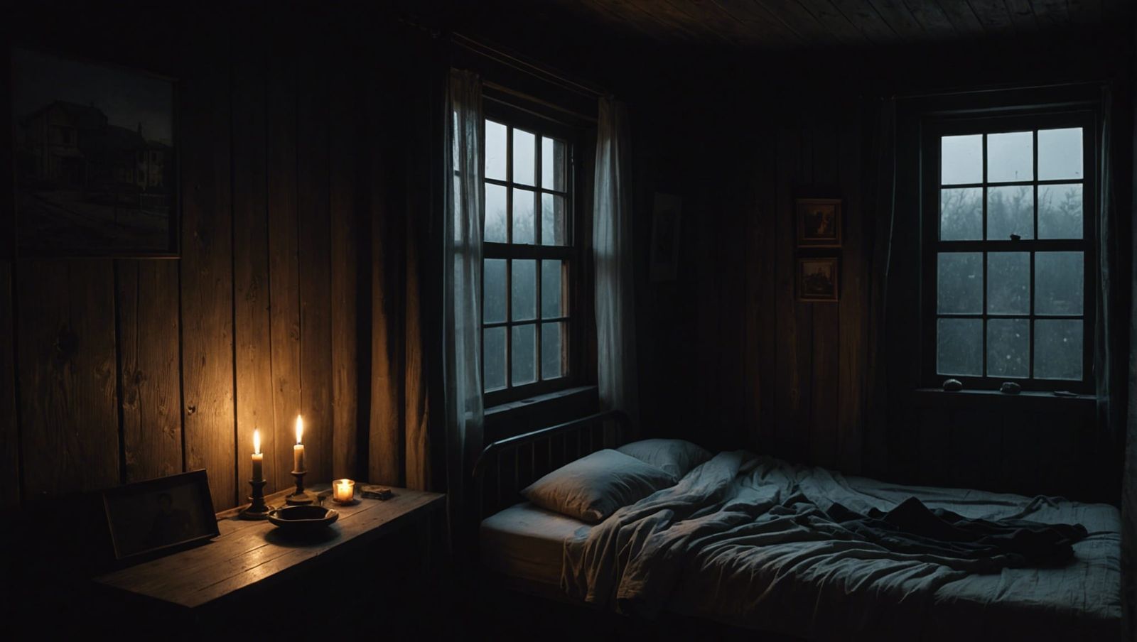 Hyperrealistic Bedroom with Silhouette, Creepy Horror Style