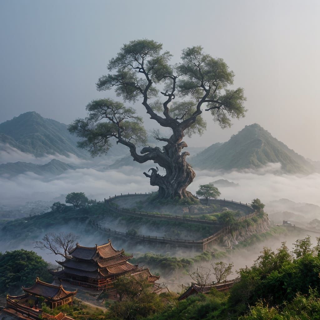 Misty Chinese Landscape with Twisted Tree