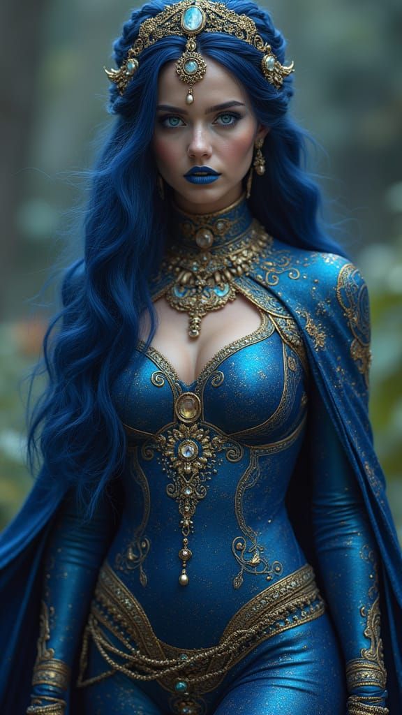 Celestial Goddess in Deep Blue Bodysuit with Golden Accents