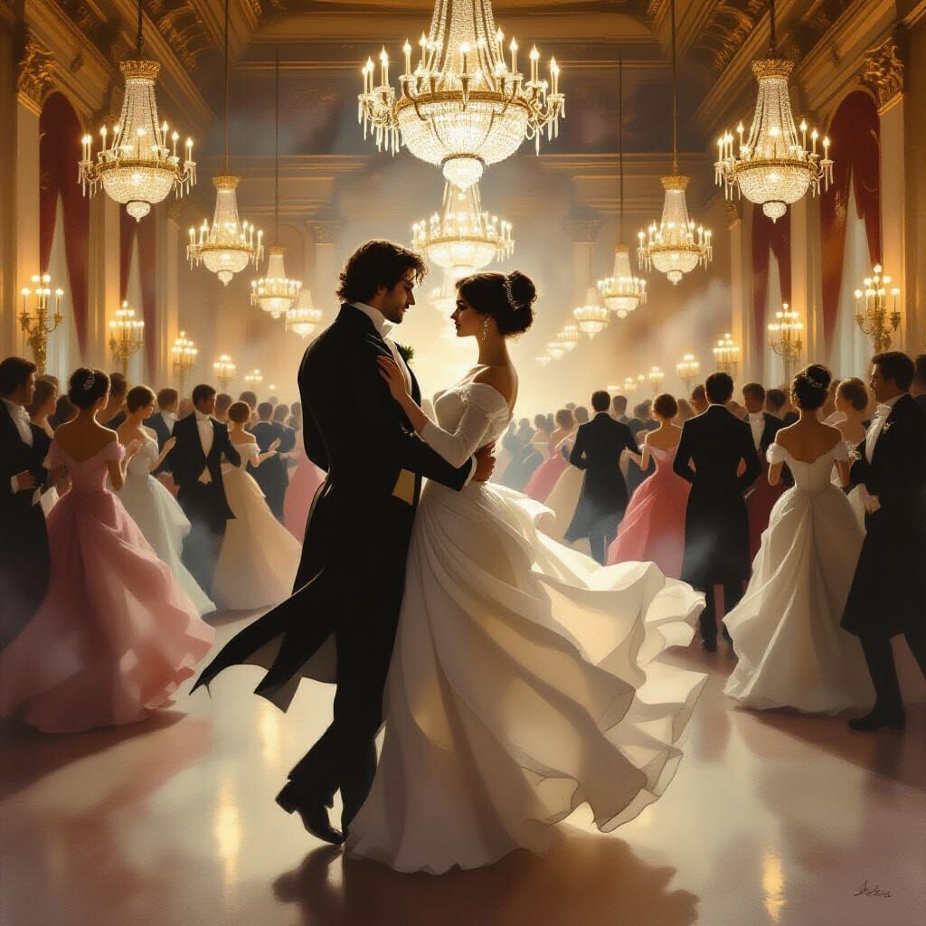 Ghostly Couple Waltzes in Opulent Ballroom Oil Painting